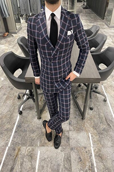 Fc Plus KENDİNDEN DESENLİ KRUVAZE LACİVERT TAKIM ELBİSE