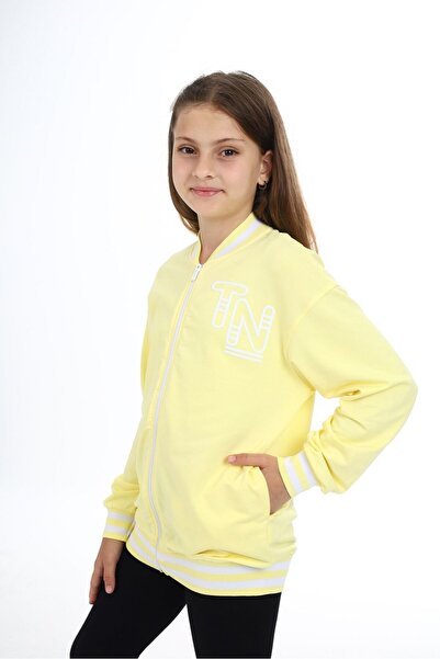 Toontoy Ανοιχτό κίτρινο πλεκτό ζακέτα για κορίτσια με φερμουάρ με τύπωμα - 2 κλωστές