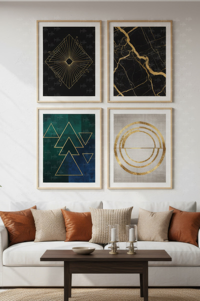 Tontilika Σετ 4 πίνακων με ξύλινο πλαίσιο Golden Geometry - Μοντέρνα διακόσμη...