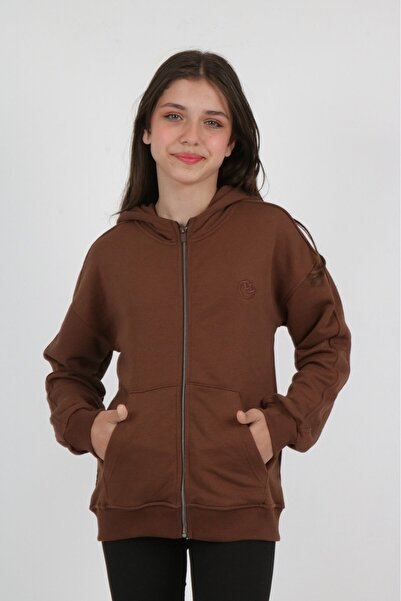 Toontoy Cardigan tricotat maro pentru fete, cu glugă, buzunare cu fermoar, cu...