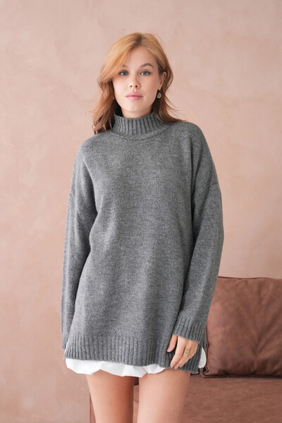 Park Karon Women's Half Turtleneck Slit Oversized Knitwear Sweater