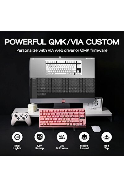 Epomaker G84 80% Gasket Mechanical Keyboard, Hot-Swappable, RGB, 2.4GHz/BT/USB-C (Pink)