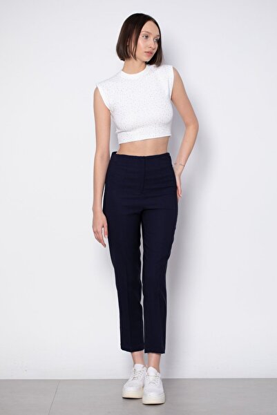 BARRELS AND OIL Women's Pencil Fabric Trousers - Navy Blue