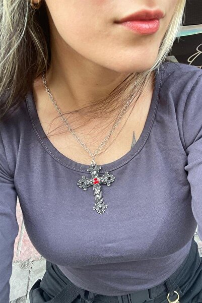 harmony factory Silver Misa Haç Kırmızı Taş Detaylı Kolye