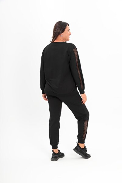 Ebsumu Women's Plus Size See-Through Sleeves Crew Neck Black Tracksuit Set