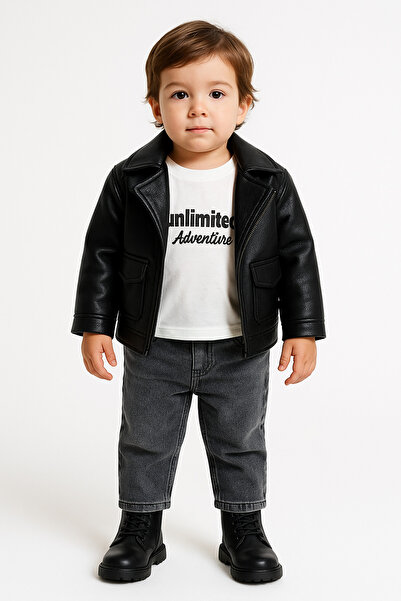 AKİ MODA KİDS Baby Boy Velvet Leather Jacket Pants Sweatshirt 3-Piece Baby Boy Suit