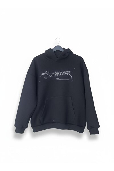 MOONBULL Unisex K. Atatürk İmzalı Taş Baskılı Kanguru Cepli Oversize Kapüşonl...