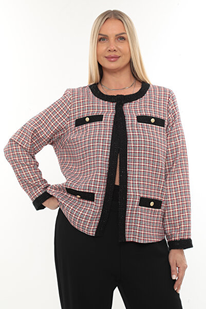 KİFAYET Büyük Beden Bisiklet Yaka Uzun Kollu Chanel Model Dekoratif Cepli Kad...