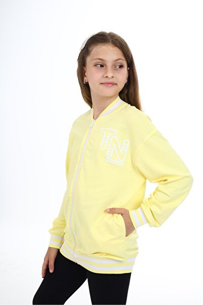 Toontoy Ανοιχτό κίτρινο πλεκτό ζακέτα για κορίτσια με φερμουάρ με τύπωμα - 2 κλωστές