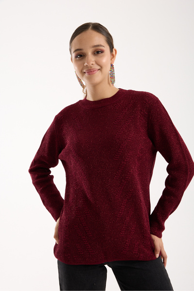 Moda Days Women's Burgundy Thessaloniki Knitted Crew Neck Glitter Knitwear Sweater