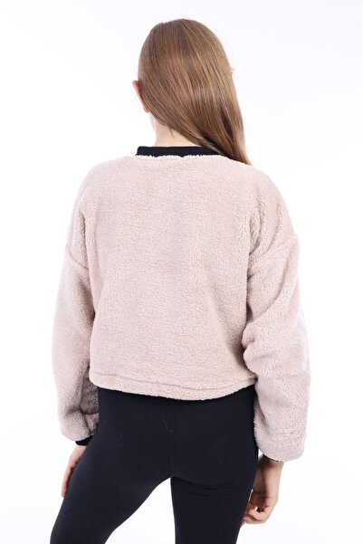 Toontoy Μπεζ Κοριτσίστικη Ζακέτα με φερμουάρ και ανοιχτό ώμο με τύπωμα βελούδινη ζακέτα - Ρυθμιζόμενη ελαστική ζώνη μέσης