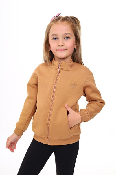Toontoy Brown Girl's Mock Neck Zippered Half-Dropped Shoulder Knitted Cardiga...