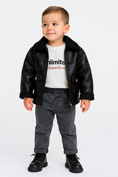 AKİ MODA KİDS Baby Boy Velvet Leather Jacket Pants Sweatshirt 3-Piece Baby Boy Suit