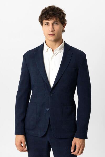 Back And Bond Navy Blue Slim Fit Mono Collar Jacket