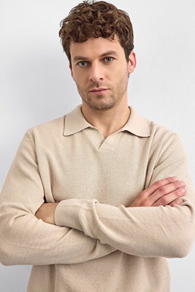 Back And Bond Beige Regular Fit Polo Neck Knit Sweater