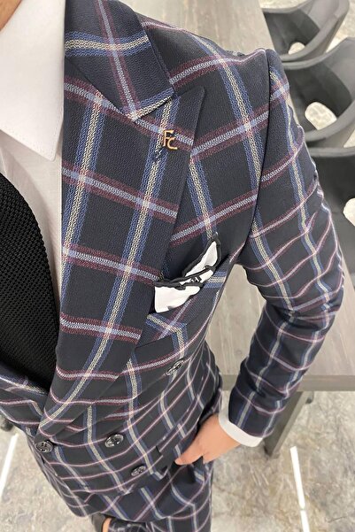 Fc Plus KENDİNDEN DESENLİ KRUVAZE LACİVERT TAKIM ELBİSE