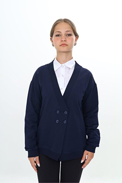 Toontoy Navy Blue Girls' V-Neck Buttoned Off-Shoulder Knitted School Cardigan...