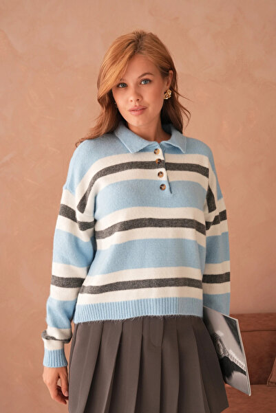 Park Karon Pulover oversize tricot cu dungi cu gât polo de damă