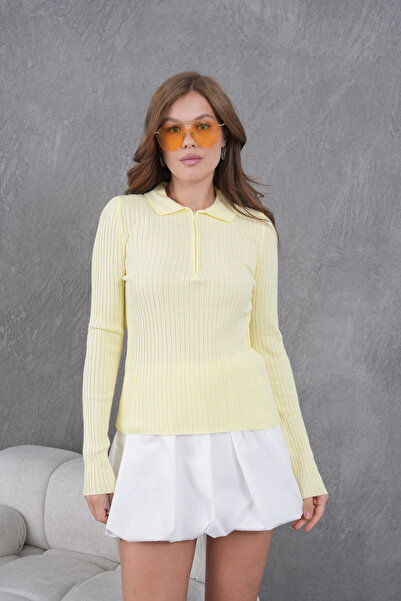 Park Karon Women's Polo Neck Zipper Detail Ribbed Knit Knitwear Sweater