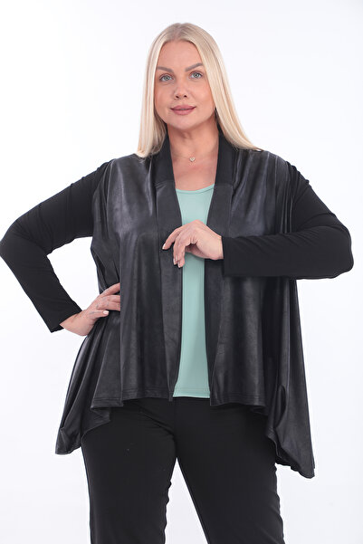 KİFAYET Büyük Beden Deri Görünümlü İnce Triko Uzun Kollu Kapamasız Günlük Kad...