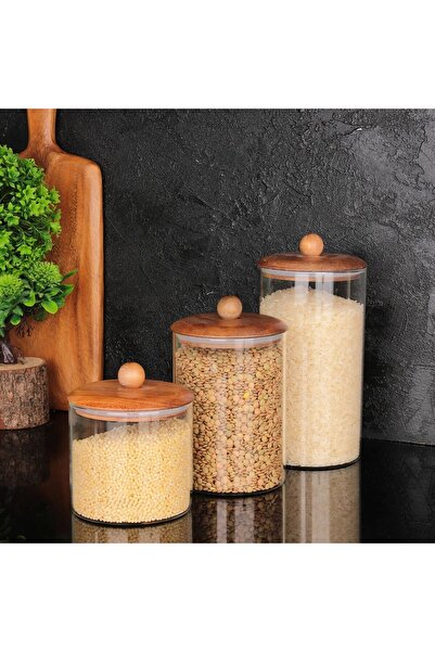 MİEN 3-Piece Acacia Vacuum Lid Jar Set