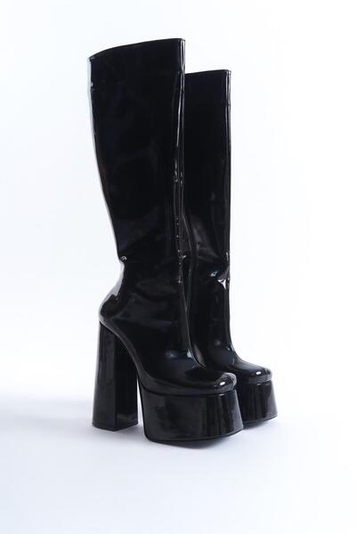 Ayakkabı Ateşi Cizme de damă cu platformă cu toc înalt sub genunchi Juvily din piele lacuită neagră