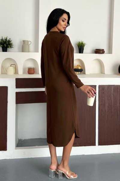 Ded COLLECTION Women's Half Zipper Long Sleeve Skirt Oval Midi Modal Dress