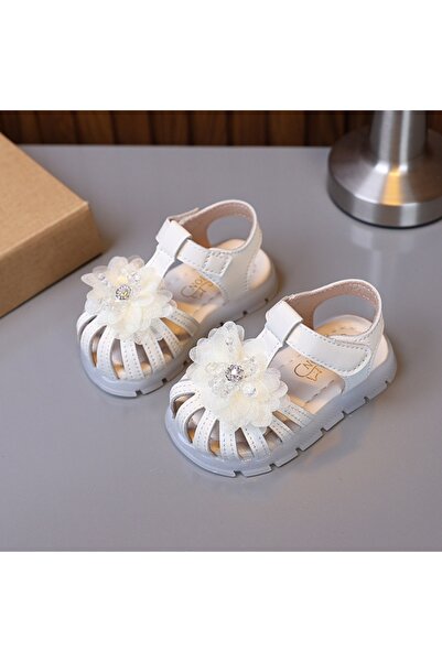 BebeNou Sandale elegante de culoare ivory pentru fete - Flori 3D, talpă flexi...