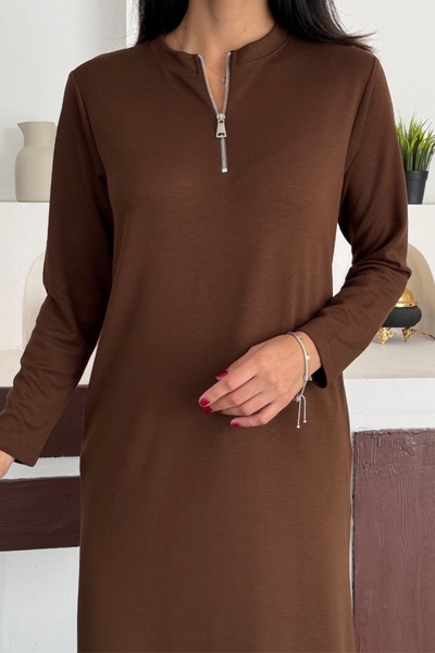 Ded COLLECTION Women's Half Zipper Long Sleeve Skirt Oval Midi Modal Dress