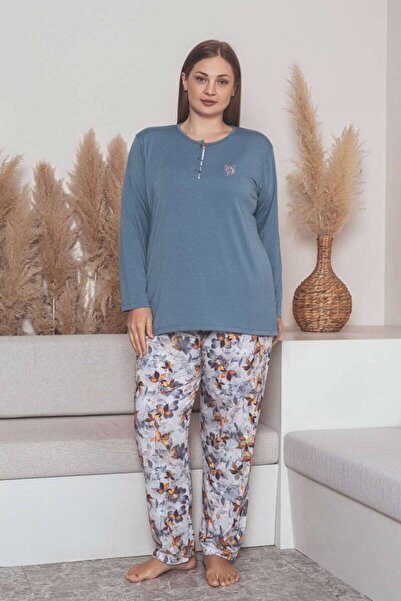 ALİMER Plus Size Pajama Set - Indigo Floral Pattern Long Sleeve L Stretch Fabric Combed Cotton 2859Uyb