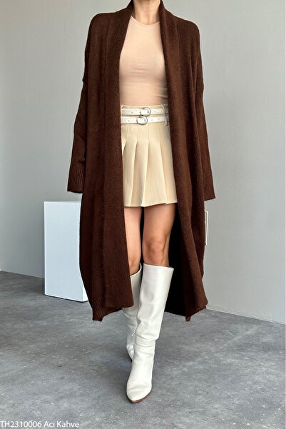 Vaveyla Women's Brown Shawl Collar Long Knit Cardigan | Oversized & Comfortable Model