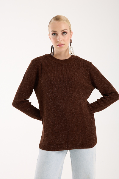 Moda Days Women's Bitter Brown Thessaloniki Knitted Crew Neck Glittery Sweater