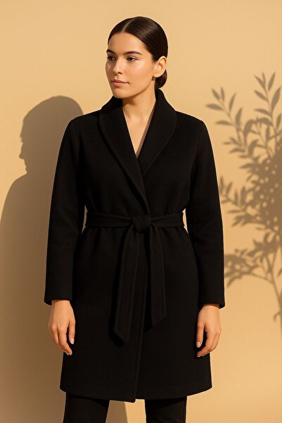 BEGBOR LİNGERİE معطف كاش مايوه أسود بياقة شال وحزام - موديل طويل كلاسيكي