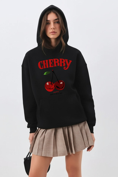 uyguntarz Unisex Soft Textured 3 Thread Happy Cherry Design B Printed O Oversized Sweatshirt