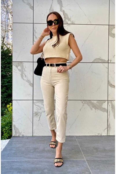 JAXEN BT16650444 Γυναικεία κρεμ ψηλόμεση ελαστικό ύφασμα εξαιρετικά ελαστικά τζιν παντελόνια Mom