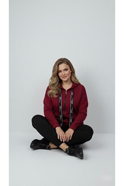 Koza Butik Women's Plus Size Long Sleeve Hooded Zipper Detailed Sweatshirt 2007