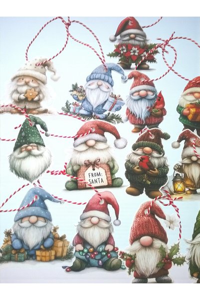 Armada 16-Piece Christmas Gnomes Themed Colorful Cardboard Tree Ornament - Gift Card Set – 7×8 cm