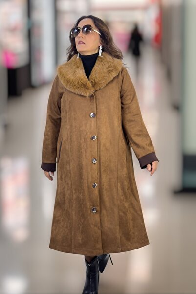 yagmurberen Removable Fur Collar Unpadded Pocketed Plus Size Women's Suede Coat