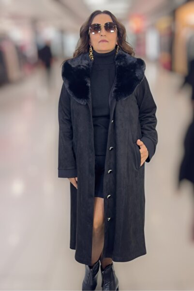 yagmurberen Removable Fur Collar Unpadded Pocketed Plus Size Women's Suede Coat