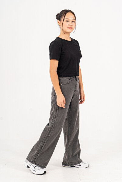 GİYİCEM TEKSTİL Girls' Side Stripe Wide Leg Stripe Jeans 2225