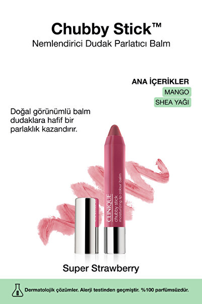 Clinique Chubby Stick™ Nemlendirici Dudak Parlatıcı Balm - Renk: 07 Super Strawberry 3g | Mango, Shea Yağı
