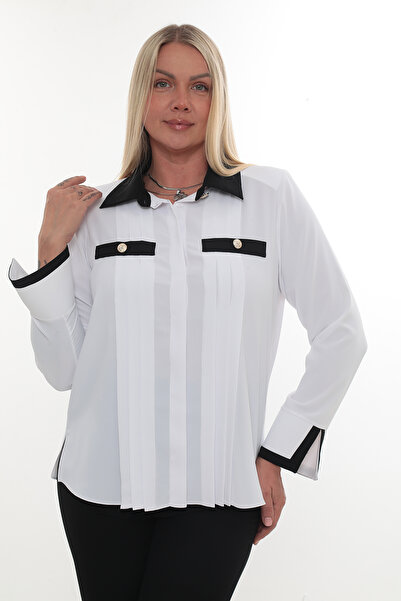 KİFAYET Büyük Beden Gömlek Yaka Uzun Kollu Pileli Dekoratif Cepli Gizli Düğme...