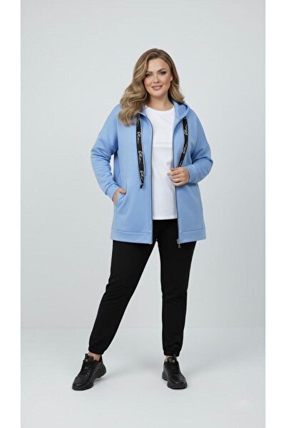 Koza Butik Women's Plus Size Long Sleeve Hooded Zipper Detailed Sweatshirt 2007