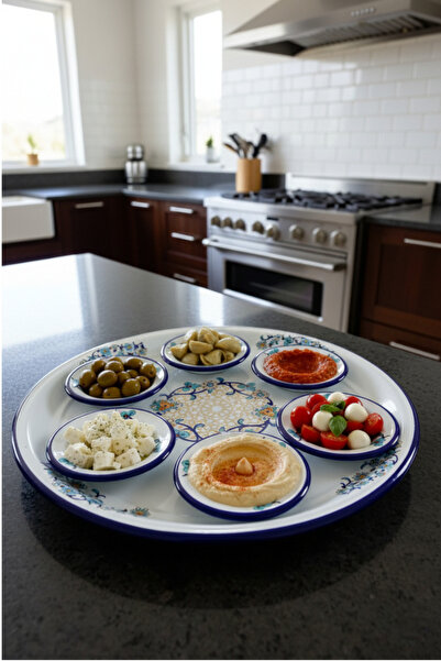 İnci Emaye 7-Piece Large Size Içrağan Patterned Enamel Breakfast Set, Serving Plate, Breakfast Plate, Jam Bowl, Dowry