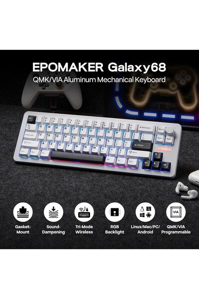 Epomaker Galaxy68 65% Wireless Mechanical Keyboard (6000mAh, RGB, Hot-Swappable, White)