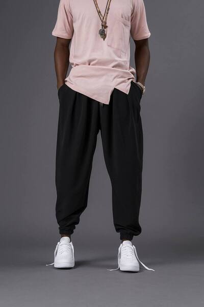 Superbluemexico Unisex Siyah Pileli Paçası Lastikli Şalvar Pantolon