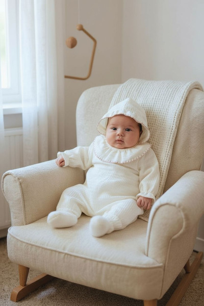 Şeker Tadında Tasarımlar Vintage Muslin Baby Romper and Hat Set – Cream, Hand-Knitted Details