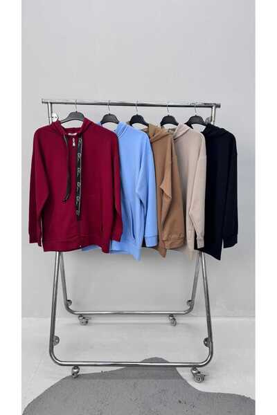 Koza Butik Women's Plus Size Long Sleeve Hooded Zipper Detailed Sweatshirt 2007