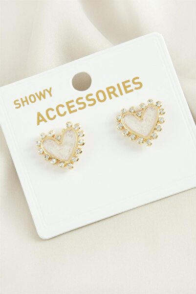 ZERO LAND Lvsqvr Heart with Stone (153629) Metal Earrings-Cream