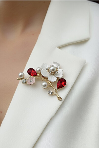 Modex Altın Sarısı Oval Taş Detay İncili Çiçek Motif Broş (6cm)